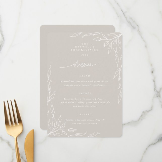 Beige Leaf Motif Erntedank Dinner Menükarte (Vorderseite/Rückseite Beispiel)
