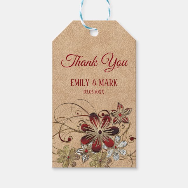 Beige Leder und Blume Geschenkanhänger (Vorderseite)