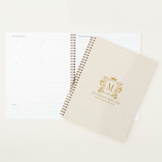Beige Leinen Gold Royal Crest Krone Monogramm Planer (Anzeige)