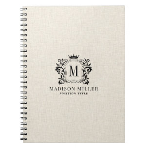 Beige Leinen Schwarz Royal Crest Krone Monogramm Notizblock
