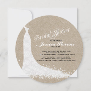 Beige Leinen und weiße Spitzen-Hochzeitskleidung Einladung