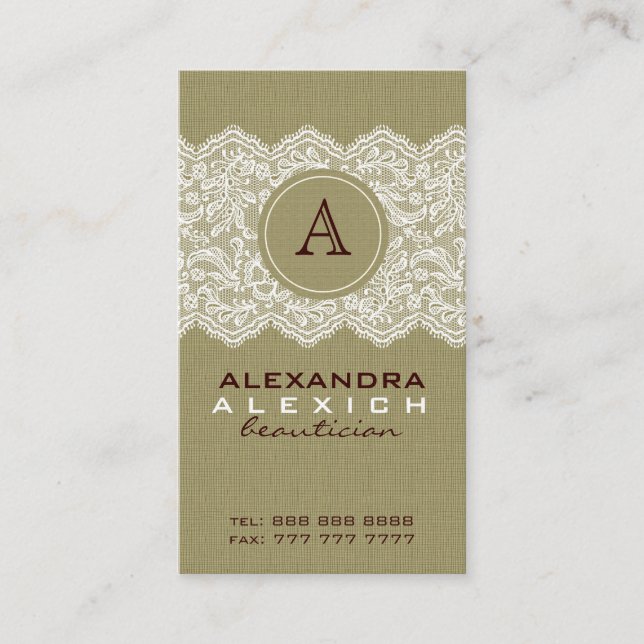 Beige Leinen & Vintage Leinen & Spitzen Visitenkarte (Vorderseite)