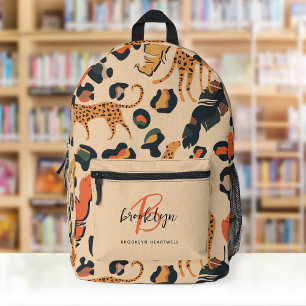 Beige Leopard Print Monogramm Name Zurück zur Schu Bedruckter Rucksack