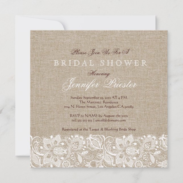 Beige Linen Burlap & White Floral Lace 2 Einladung (Vorderseite)