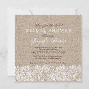 Beige Linen Burlap & White Floral Lace 2 Einladung