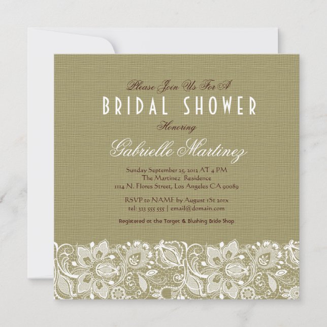 Beige Linen Burlap & White Floral Lace Einladung (Vorderseite)