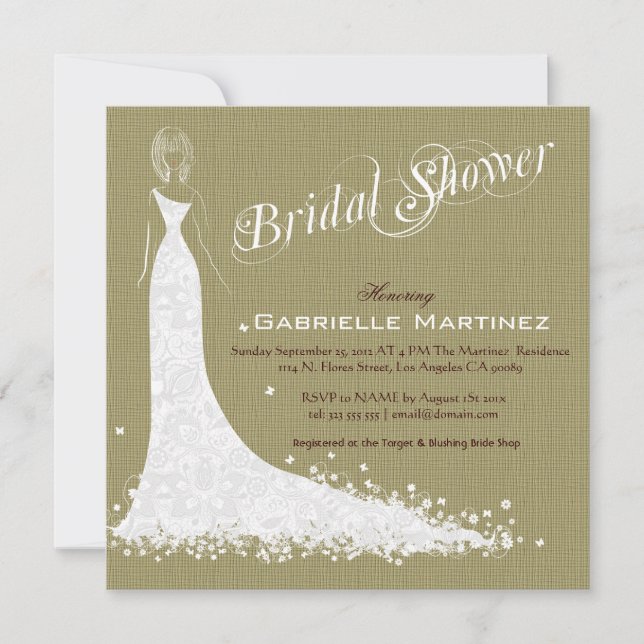 Beige Linen Burlap & White Wedding Dress Einladung (Vorderseite)