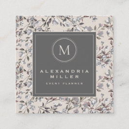 Beige Linen Elegant Floral | Medallion Monogramm Quadratische Visitenkarte