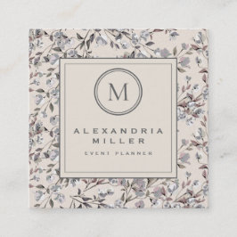 Beige Linen Elegant Floral | Monogramm Quadratische Visitenkarte