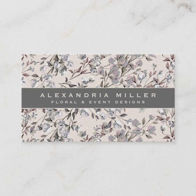 Beige Linen Floral | Grauer Banner Visitenkarte (Vorderseite)