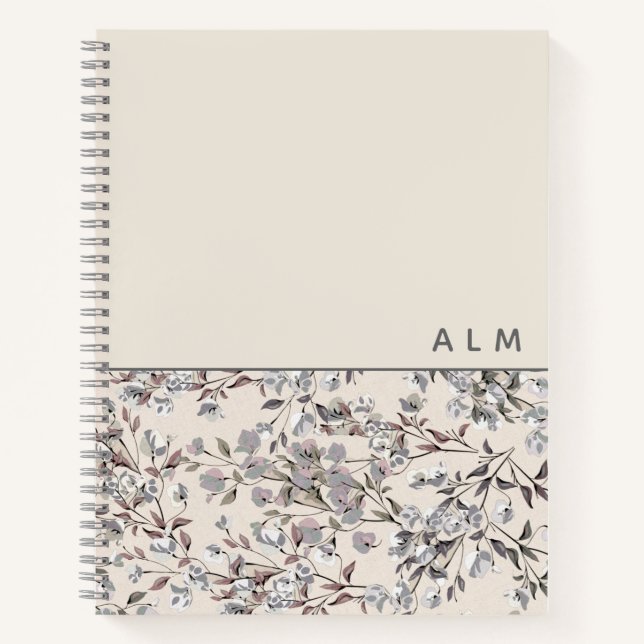 Beige Linen Floral | Monogramm-Initialen Notizbuch (Vorderseite)