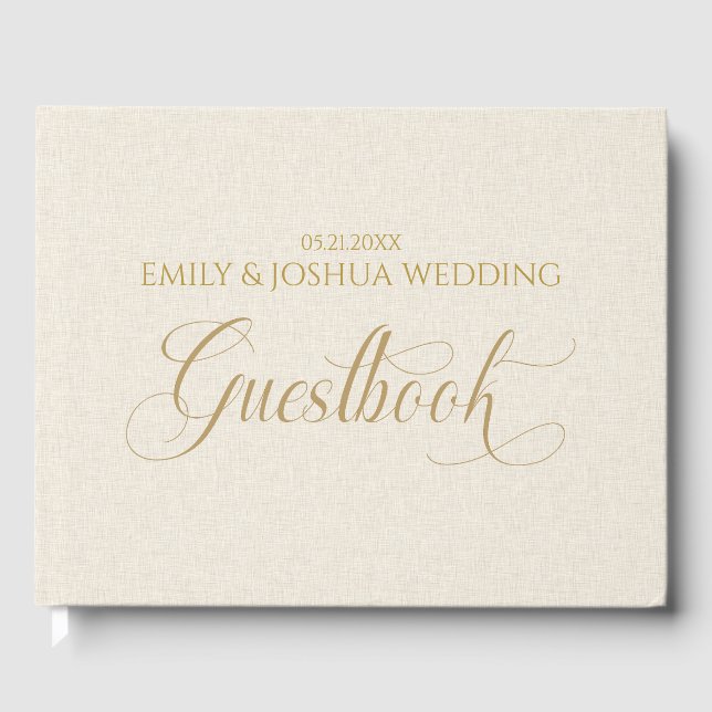 Beige Linen Gold Guestbook Script Typografie Gästebuch (Vorderseite)