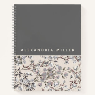 Beige Linen & Grau Floral   Personalisierter Name Notizbuch