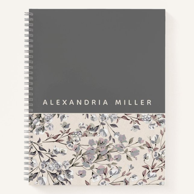 Beige Linen & Grau Floral | Personalisierter Name Notizbuch (Vorderseite)