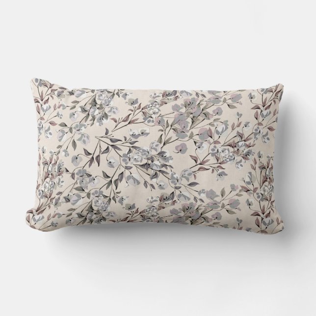 Beige Linen & Gray Elegantes Blumenmuster Lendenkissen (Vorderseite)