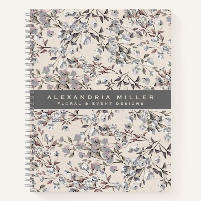 Beige Linen & Gray Elegantes Blumenmuster Notizbuch (Vorderseite)