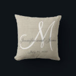Beige Linen Gray White Monogram Wedding Keepake Kissen<br><div class="desc">Personalisiertes mit Monogramm Kissen in Beige, Grau und Weiß mit Braut- und Bräutigamen und Hochzeitsdatum in einem Skript Schriftart Overlay Design auf einem DRUCKTE beige Leinen Foto Effekt Hintergrund. Elke Clarke© für MonogramGallery bei Zazzle. Das ist ein tolles Geschenk für frische Weds. Das stilvolle und elegante Accessoire für Ihr Schlafzimmer,...</div>