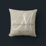 Beige Linen Gray White Monogram Wedding Keepake Kissen<br><div class="desc">Personalisiertes mit Monogramm Kissen in Beige, Grau und Weiß mit Braut- und Bräutigamen und Hochzeitsdatum in einem Skript Schriftart Overlay Design auf einem DRUCKTE beige Leinen Foto Effekt Hintergrund. Elke Clarke© für MonogramGallery bei Zazzle. Das ist ein tolles Geschenk für frische Weds. Das stilvolle und elegante Accessoire für Ihr Schlafzimmer,...</div>