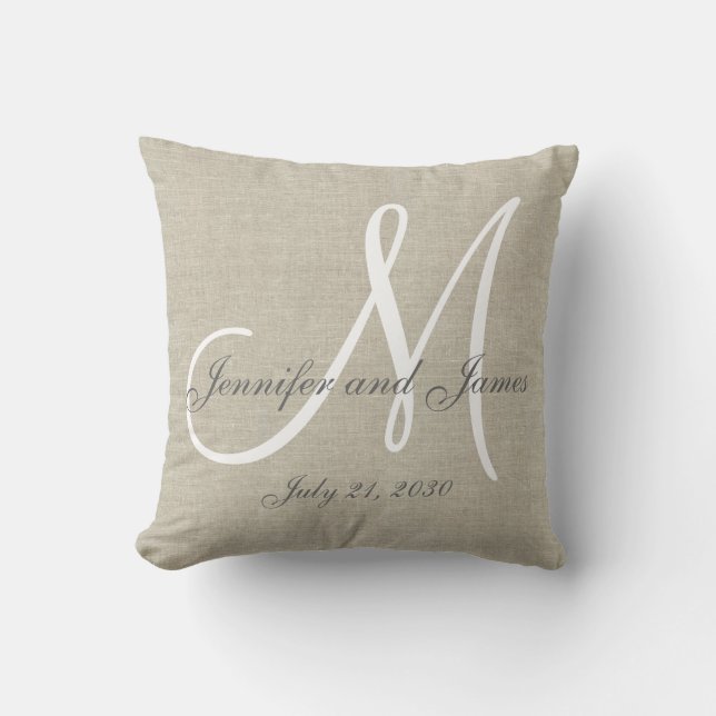 Beige Linen Gray White Monogram Wedding Keepake Kissen (Vorderseite)