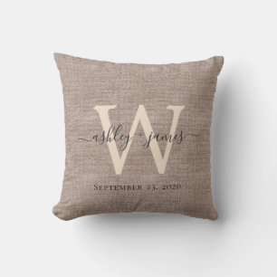 Beige Linen Ivory Monogram Wedding Keepake Kissen