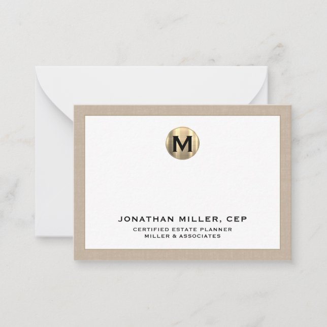 Beige Linen Luxury Gold Erstlogo Mitteilungskarte (Vorderseite)