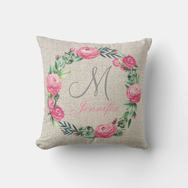 BEIGE LINEN PINK ROSES UND WASSERFARBENE BLÄTTER KISSEN (Vorderseite)