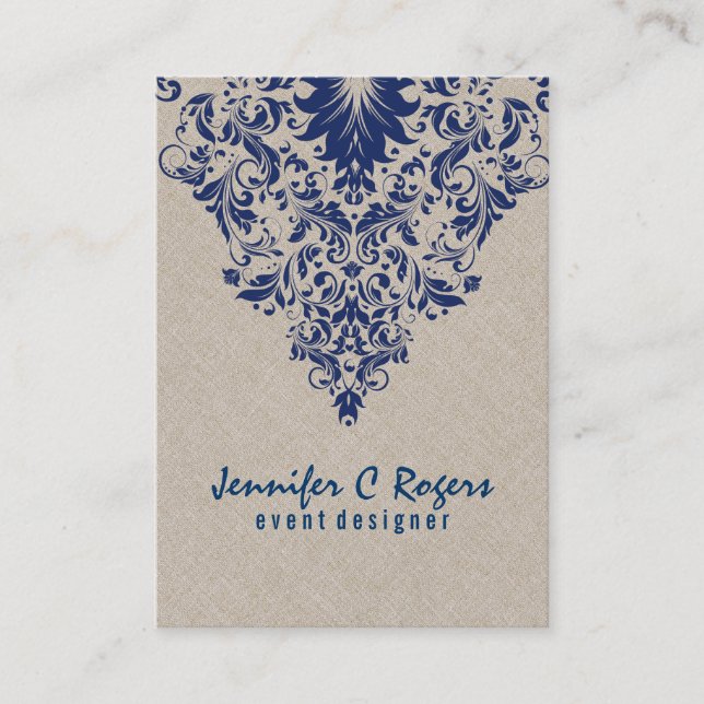 Beige Linen Royal Blue Floral Lace Event Designer Visitenkarte (Vorderseite)