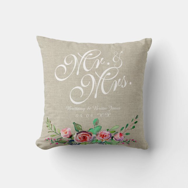 Beige Linen Rustic Floral Mr. Wedding Kissen (Vorderseite)