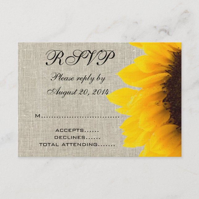 Beige Linen Sunflower Rustic Wedding RSVP (Vorderseite)
