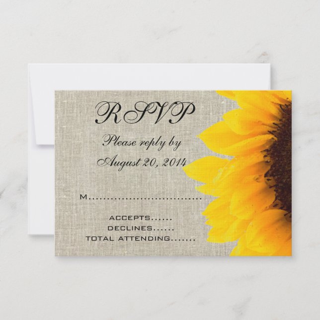 Beige Linen Sunflower Rustic Wedding RSVP Karte (Vorderseite)