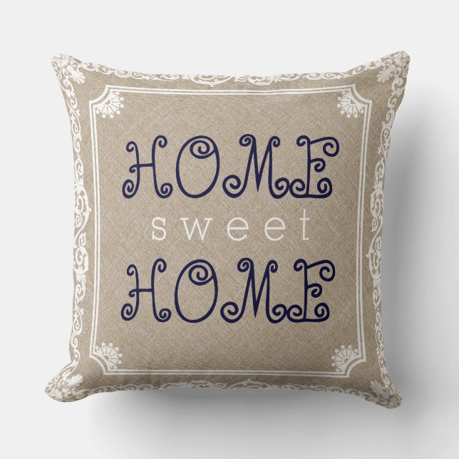 Beige Linen White Frame Zuhause Sweet Zuhause Kissen (Vorderseite)