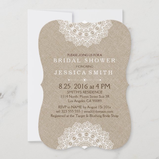 Beige Linen White Lace Brautparty laden Einladung (Vorderseite)