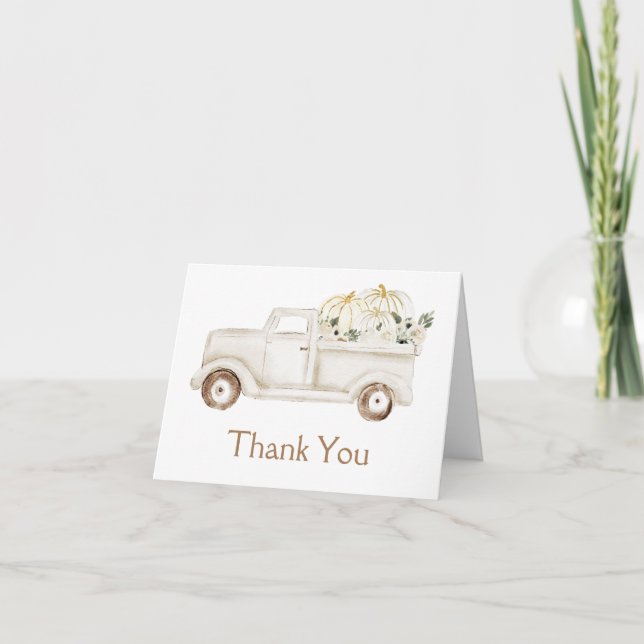 Beige Little Pumpkin Truck Baby Dusche Foto Dankeskarte (Vorderseite)