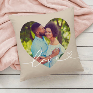Beige Love Schrift Herz Foto Paar Kissen