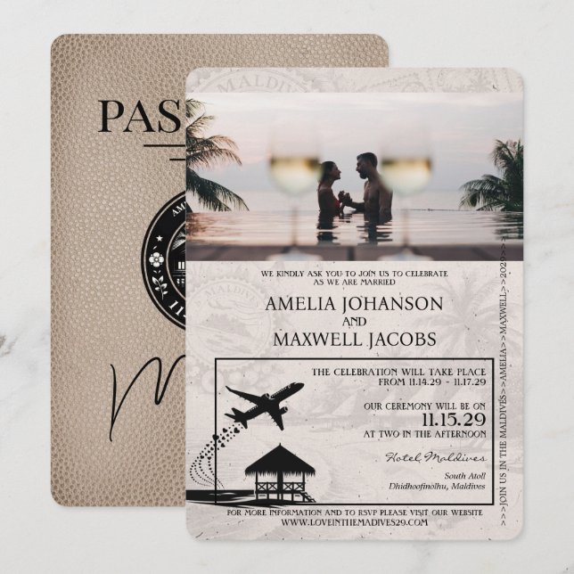 Beige Malediven Passport Hochzeitseinladung Einladung (Vorne/Hinten)