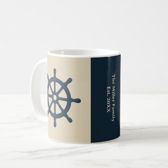 Beige marineblau Schiff Rad Familienname est. Jahr Kaffeetasse (Vorderseite Links)