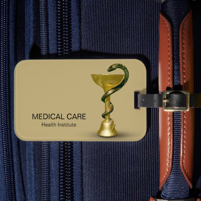 Beige Medical Schlange Bowl Hygieia Gold Caduceus Gepäckanhänger (Vorderseite Insitu 4)