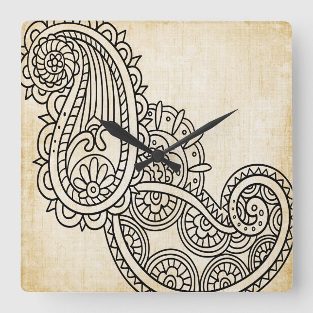 Beige Mehndi Motiv-Uhr Quadratische Wanduhr (Vorderseite)