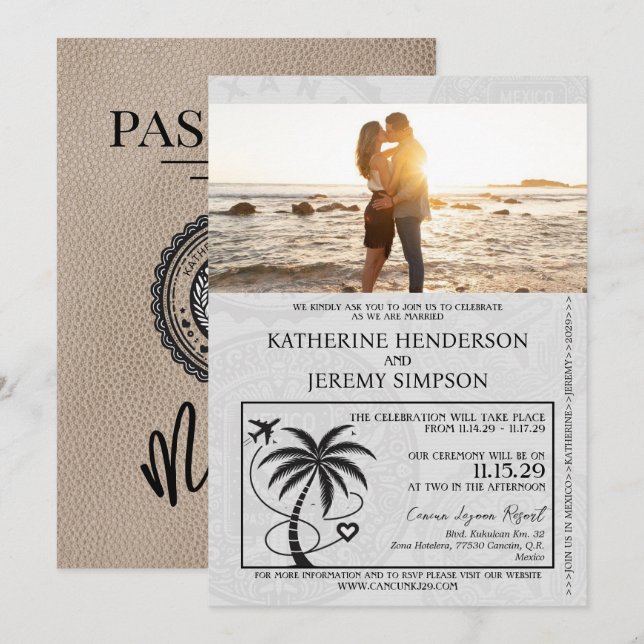 Beige Mexico Passport Wedding Einladung (Vorne/Hinten)