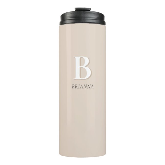 Beige Minimal Modernes Anfangsmonogramm Thermosbecher (Vorderseite)