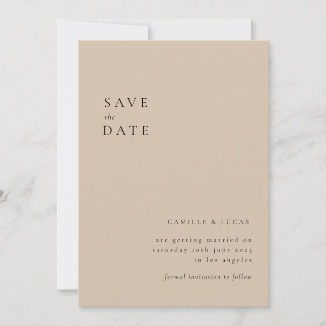 Beige Minimalistisch & elegant Hochzeit Save the D Einladung (Vorderseite)
