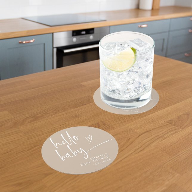 Beige Minimalistisch Hello Baby Moderne Babydusche Runder Pappuntersetzer (Von Creator hochgeladen)