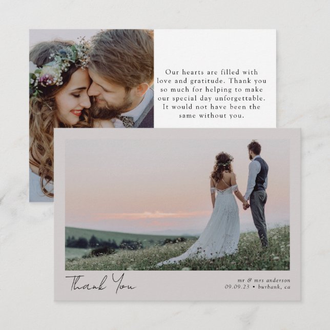 Beige Minimalistische 2-Foto-Kalligrafie-Hochzeit Dankeskarte (Vorne/Hinten)