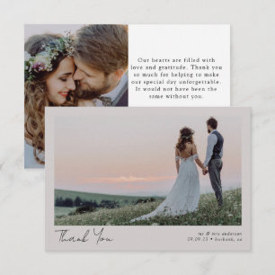 Beige Minimalistische 2-Foto-Kalligrafie-Hochzeit Dankeskarte