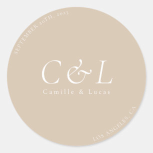 Beige Minimalistische Hochzeitstickerei Runder Aufkleber