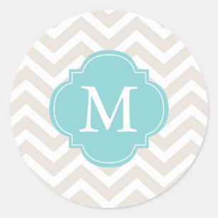 Beige & Mint Zigzags Muster Monogram Runder Aufkleber