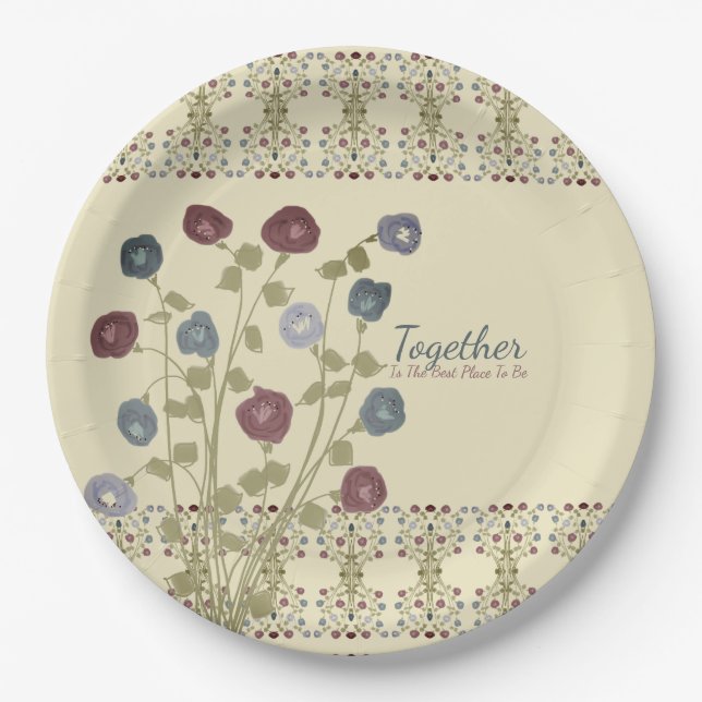 Beige mit blauer Blüte Pappteller (Vorderseite)