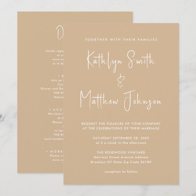Beige moderne Schrift in einer Minimalistischen Ho Einladung (Vorne/Hinten)
