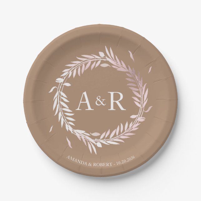 Beige Monogram Imitate Foil Wedding Paper Teller (Vorderseite)
