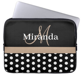 Beige Monogram Schwarz-weiß Polka Dot Laptopschutzhülle